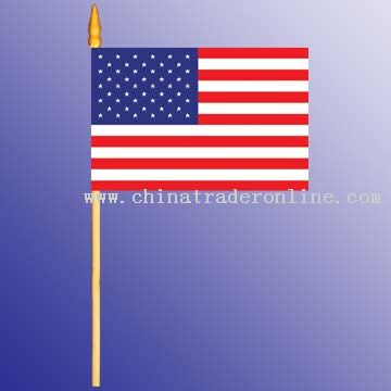 Hand flag, stitching borders with three staples onto wood pole, gold spear from China