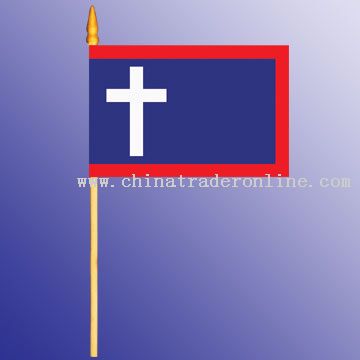 Hand flag, stitching borders with three staples onto wood pole, gold spear from China