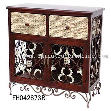 Iron, Rattan and Wood Cabinet with 2 Drawers
