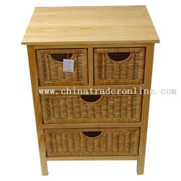 Pine Wood Rack with Woven Rattan Drawers