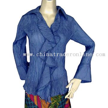 Long Sleeve Crinkled Shirt with Ruffle at Hem