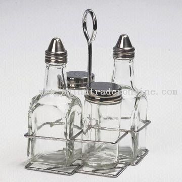 2-piece Glass Salt & Pepper Bottles and 2-piece Glass Oil & Vinegar Bottles with Stand