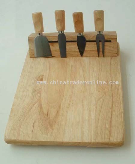 wooden cutting board with cheese knife