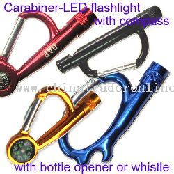 Carabiner LED Flashlight With Compass Or Bottle Opener / Whistle from China