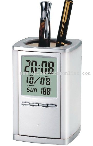 Silver Pen Holder with Alarm Clock from China