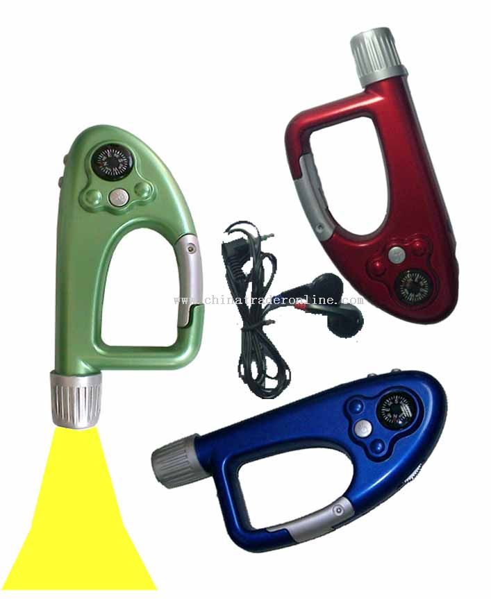 FM carabiner radio with earphone, torch, compass