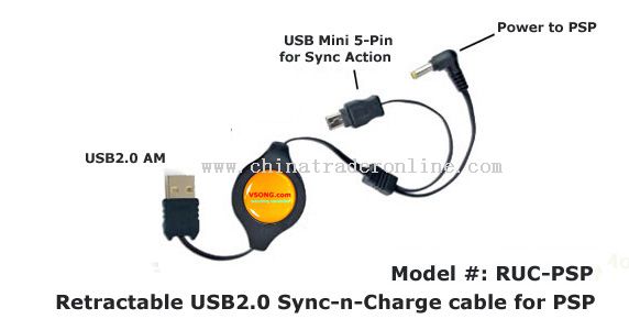Retractable USB 2.0 Synchronised and Charge Cable for Sony PSP