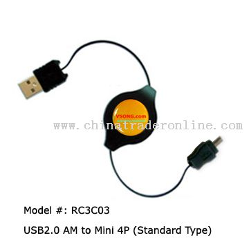 USB A Male to USB Mini 4Pin (B Type) Male retractable cable