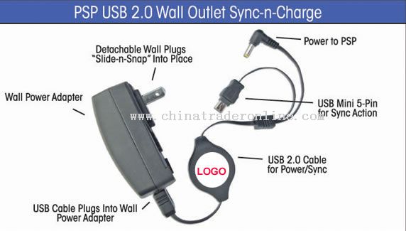 Wall charger with USB2.0 retractable cable for Sony PSP