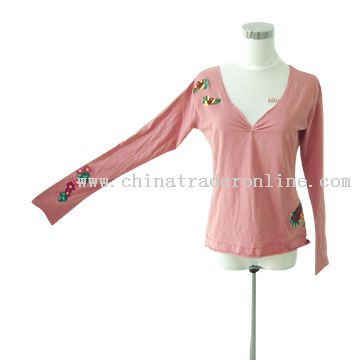 Ladies Long Sleeve V-Neck T-Shirt from China