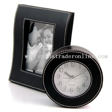 A sets of Leather photo frame and alarm clock from China