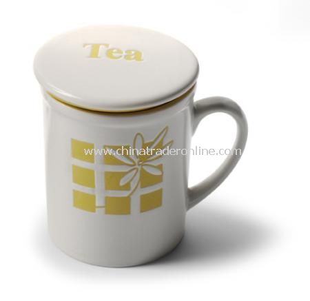 Tea mug with tea strainer and lid.