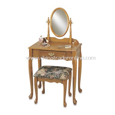 Oak Finish Vanity, Mirror & Bench Set from China