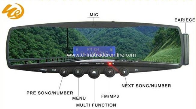 Bluetooth Handsfree Car Kit Mirror with MP3, phonebook, earpiece, FM transmitter from China