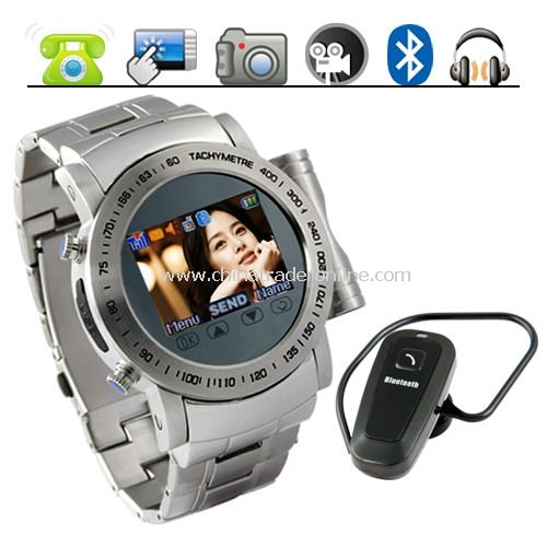 Stainless Steel Quad Band Mobile Phone Watch - Bluetooth Headset - Camera from China