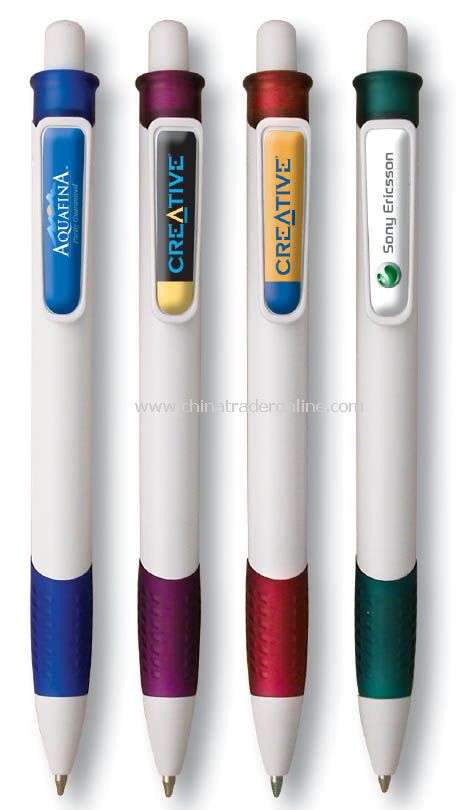 Thick-bodied click pen with grip and full color dome on clip