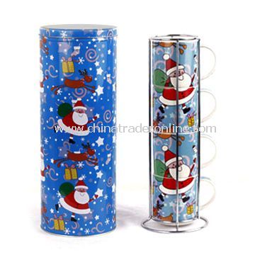 Gift Tin Boxes with Christmas Artwork and Ceramic Cups Packed Inside, Measures 135 x 350mm