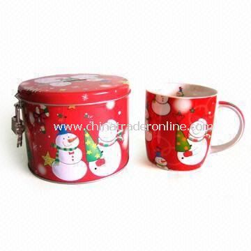 12oz New Bone China Mug with Tin Saving Box, Printed with Christmas Pattern from China