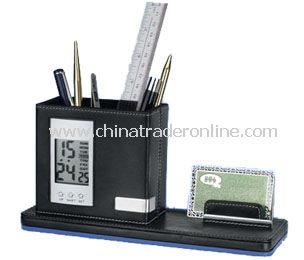 LCD calendar &clcok with leather penholder from China