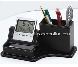 LCD calendar&clock with leather penholder  and Memo pad holder from China