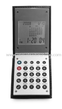 World time alarm clock with calculator and calendar, supplied in a PU cover