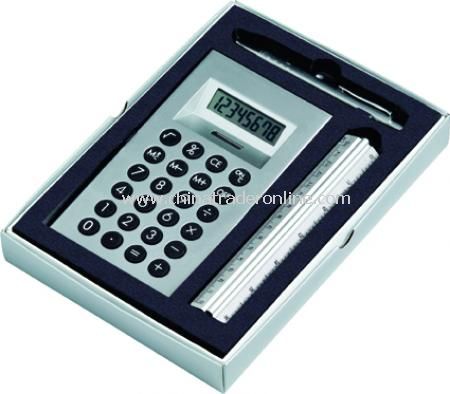 Office set with calculator, ruler and ball pen, supplied in a presentation box