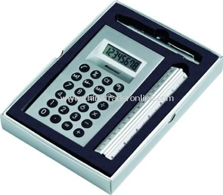 Office set with calculator, ruler and ball pen, supplied in a presentation box from China