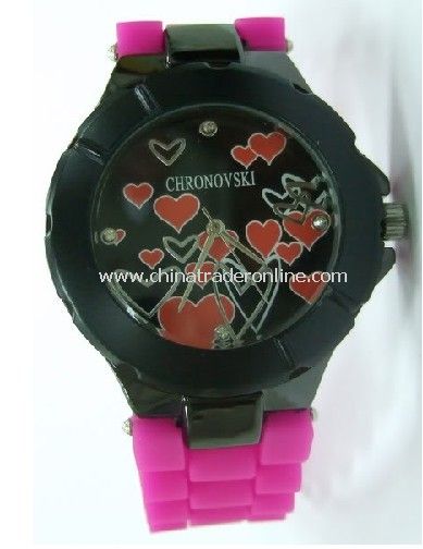 Pink Silicone Fashion Chronovski Lovely Heart Wrist Watch, Lover/Couple Watch, Valentines Day Gift from China