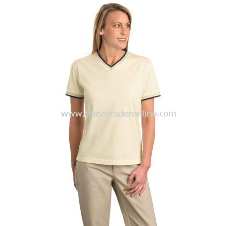 Custom Printed t-shirts - Port Authority Ladies V-Neck Tee with Stripe Trim
