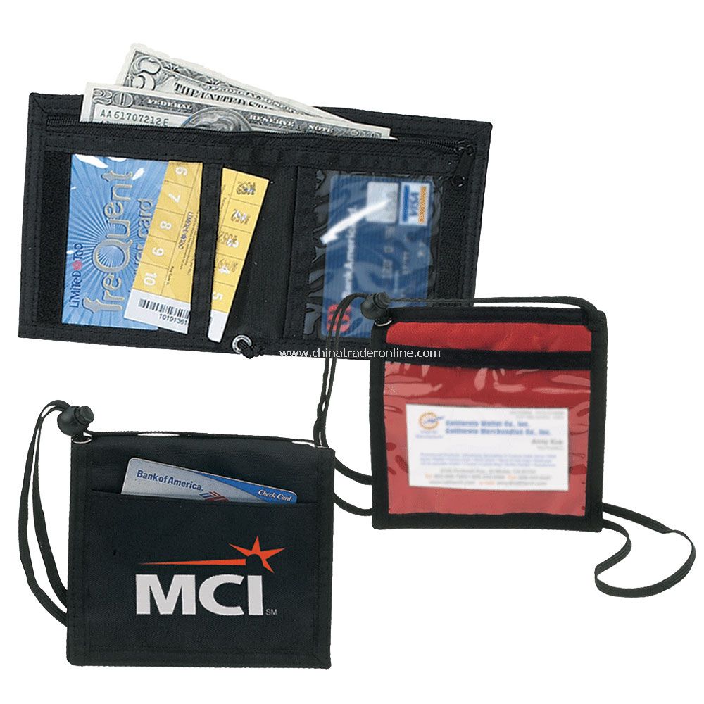 Bi-Fold Neck Wallet w/ ID Holder, Zipper Main Pockets & Two Clear Inside Pockets.