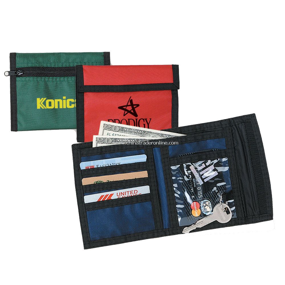 Bi-Fold Wallet w/ Three Card Slots, Clear Pocket, Key Ring & Zipper Outside Pocket from China