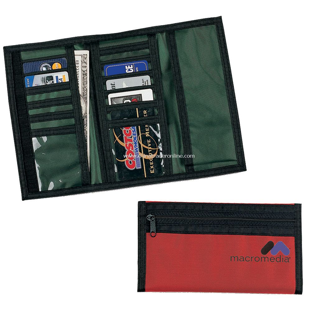 Tri-Fold Check Book Wallet w/ Ten Card Slots, Two Clear Pockets & Zipper Back Pocket