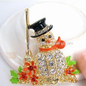 Brooch with Snowman Shape Design, Made of Rhinestone, Enamel and Zinc Alloy, Nickel and Lead-free from China