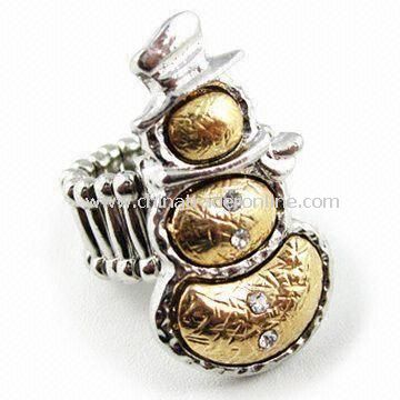 Christmas Snowman Lead-free Ring in Various Designs and Colors, Made of Metal and Rhinestones from China