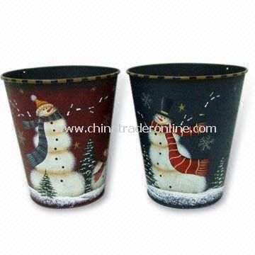 Snowman Bucket, Made of Metal and Wood, Measures 15 x 15 x 17cm