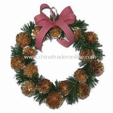 30cm Pine Cone Wreath with Pine Leaves, Decorated with Checkered Red Ribbon from China