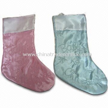 Christmas Baby Stocking in Pink and Blue, Made of Satin and 100% Polyester from China
