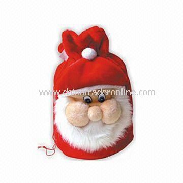 Christmas Bag, Made of Cheap Plush, Available in Christmas Red with Santa Face Decoration from China