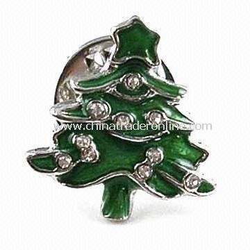 Christmas Tree-shape Lapel Pin in Green with Stone Decoration, Nickel/Lead-free