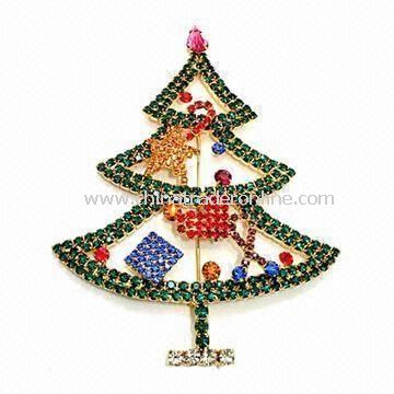 Christmas Tree-shaped Brooch with Nickel-free Feature, Made of Rhinestone from China