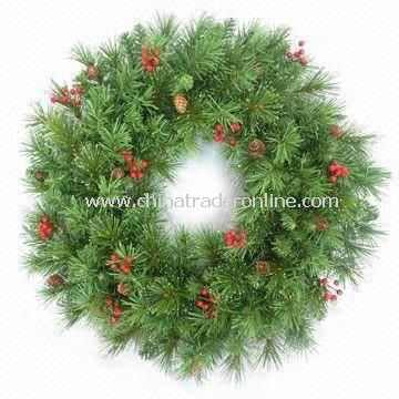 Decorated Fiber Wreath with Poinsettias and LED Lights, Measures 24-inch from China