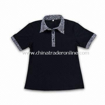 Ladies Golf Polo Shirt with Leopard Grain Collar, Made of PIMA Cotton, Comes in Black from China