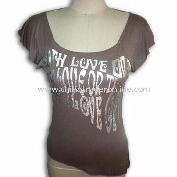 Ladies T-shirt with Slant-cut Bottom, Made of 95% Rayon and 5% PU