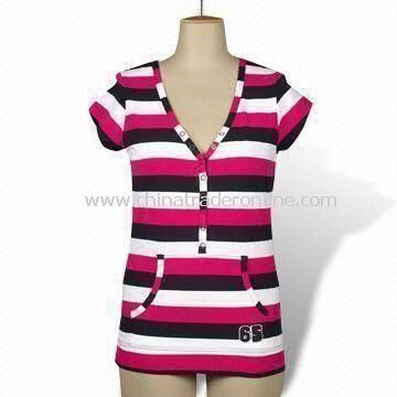 Ladies T-shirt with Yarn Dye Stripes, Short Sleeves and 8 Press Studs on Placket from China