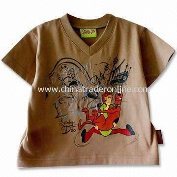 Childrens T-shirt with V-neck, Available in Brown, Made of 65% Polyester/35% Cotton