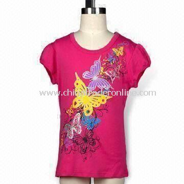 Girls Rib T-shirt with Front Printi, Short Puff Sleeves, Soft Hand Feel