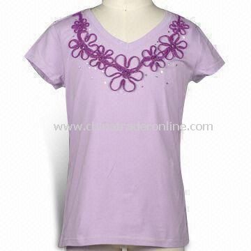 Girls Short Sleeves T-shirt with Mesh Flowers Around Neckline, Available in Various Colors