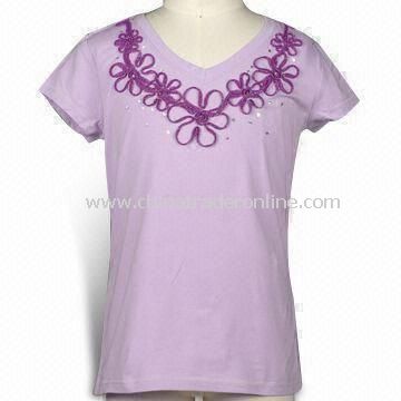 Girls Short Sleeves T-shirt with Mesh Flowers Around Neckline, Available in Various Colors from China