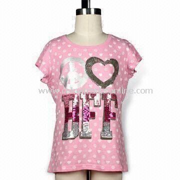 Girls Short Sleeves T-shirt with Yardage Print and Sequins, Made of Cotton from China