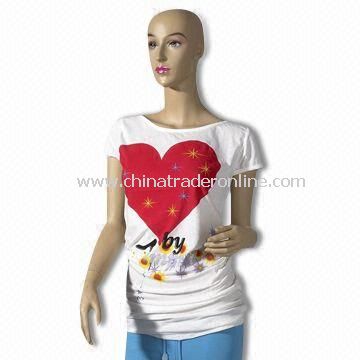 100% Combed Cotton Womens Short-sleeve T-shirt with Rhinestone on Front, Comfortable to Wear